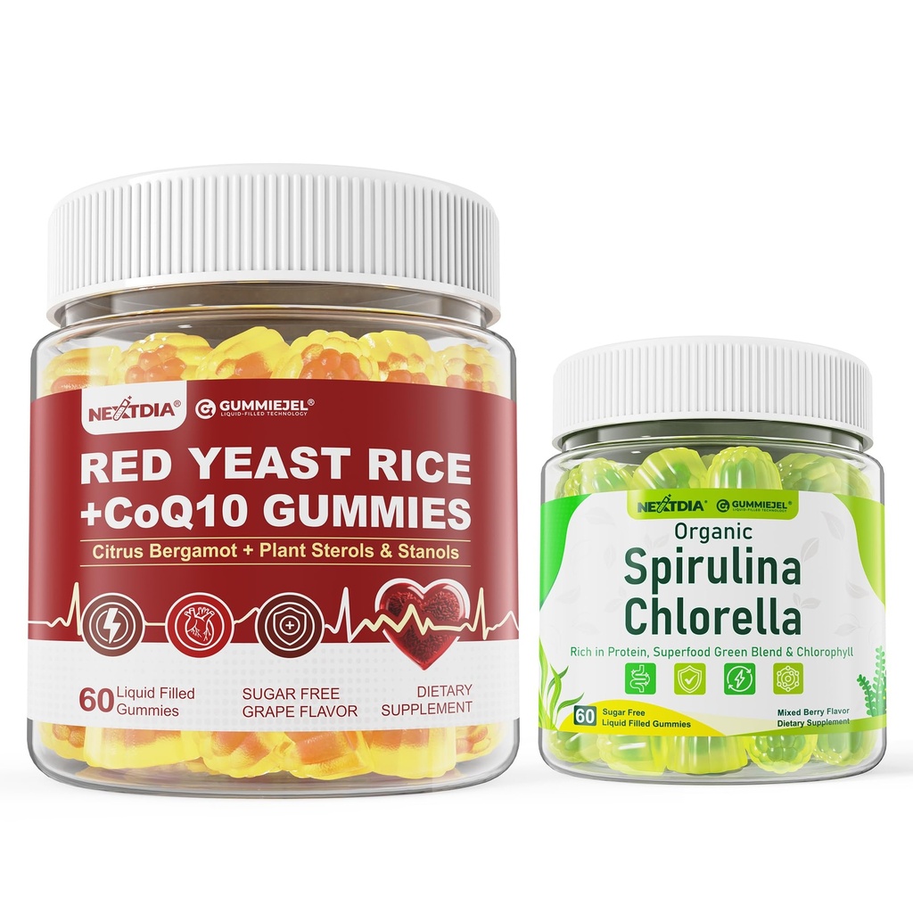 Nextdia 1PACK Red Yeast Rice Gummies 2400MG with CoQ10 + 1PACK Organic Spirulina Chlorella Gummies