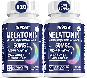 Melatonin 50 mg for Adults - Extra Strength 9-in-1 Fast Dissolve Sublingual - w/Vitamin D3 & MSM, Relaxing Herbal Blend-Ashwagandha, Lemon Balm, Passionflower,Chamomile,Sugar Free, Vegan 120 Servings