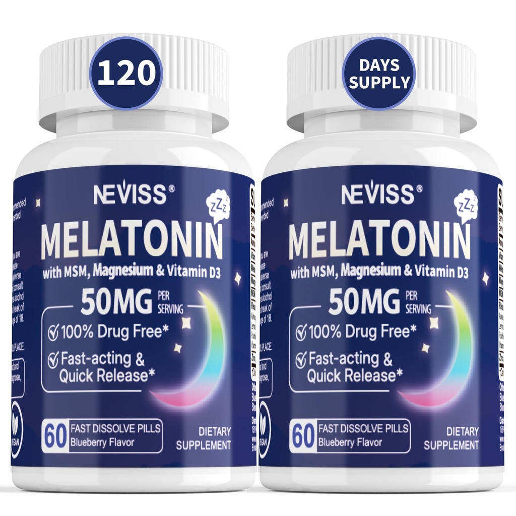 NEVISS Μελατονίνη 50 mg για Ενήλικες - Επιπλέον Δύναμη 9- σε- 1 Γρήγορη Διάλυση Υπογλώσσια - Υψηλή Δόση με Γλυκινικό Μαγνήσιο, Βιταμίνη D3, Ashwagandha, Λέμον Μπαλμ, Χαμομήλι, Χωρίς ζάχαρη, Vegan 120 δισκία
