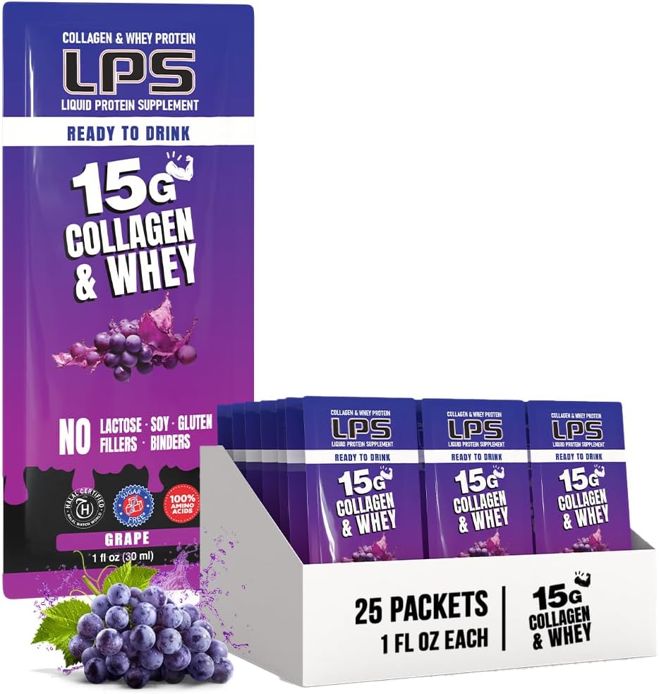 Διατροφικά Σχέδια LPS Liquid Collagen & Whey Protein Supplement - Μη-GMO Drink, Sugar-Free - Προάγει το υγιές δέρμα & τα μαλλιά για άνδρες και γυναίκες, Σταφύλι, Ενιαία Σερβίρισμα (25 πακέτα)