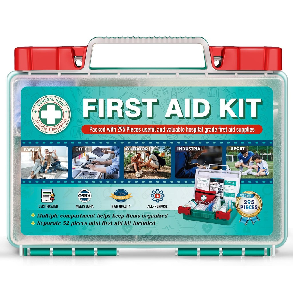 General Medi 295 Pieces Professional First Aid Kit - HardCase First Aid Box - Contains Premium Medical Supplies for Travel, Home, Office, Vehicle, Camping, Workplace & Outdoor