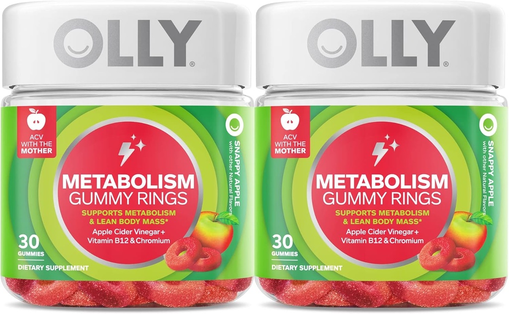 OLLY Metabolism Gummy Rings, Apple Cider Vinegar, Vitamin B12, Chromium, Energy and Digestive Health, Chewable Supplement, Apple Flavor, Twin Pack - 60 Count