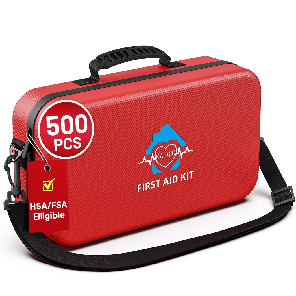 KAUGIC 500PCS Waterproof Hard Shell First Aid Kit, Travel | Emergency Kit for Camping, Hiking, Sports, Car, Office, Outdoor, Well-Organized Home Essentials, Durable Case, FSA-HSA