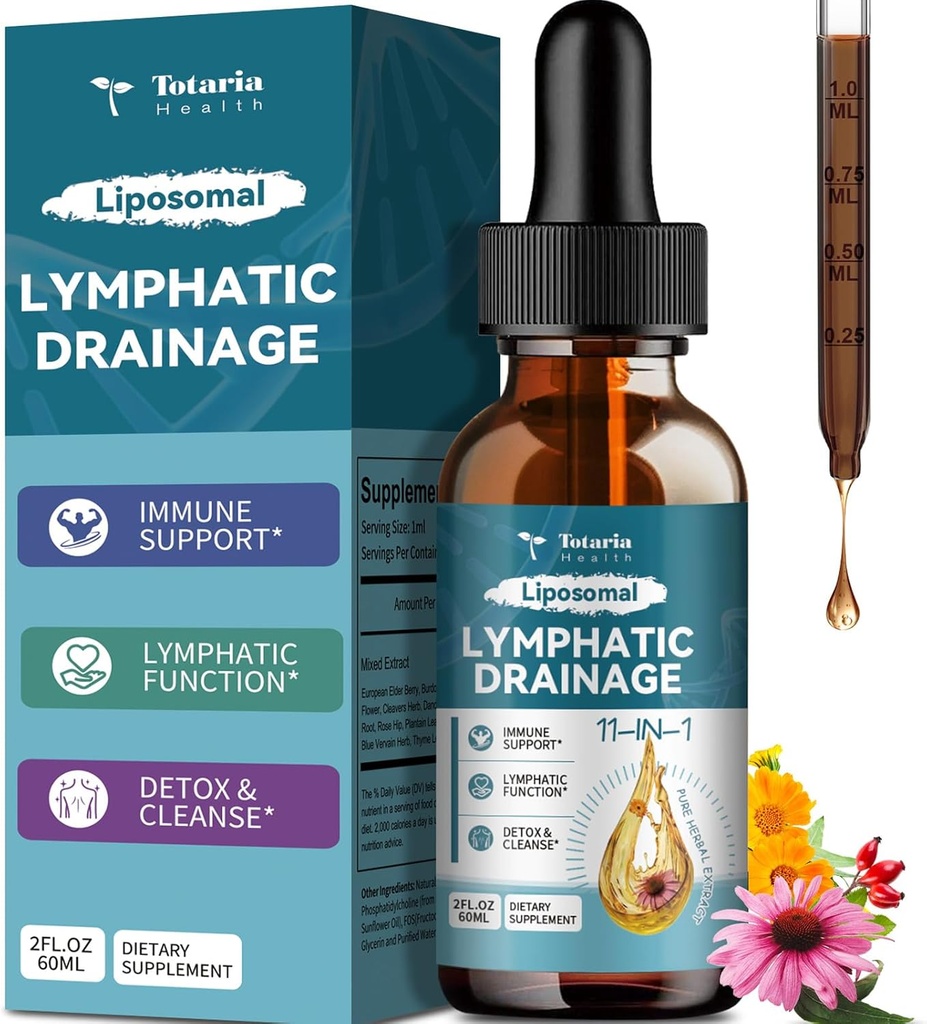 Liposomal Lymphatic Drainage Drops - 11 in 1 Organic Lymphatic Drainage Supplement with Burdock Root, Echinacea, Elderberry, Calendula, Cleavers Herb, Dandelion Supports Lymphatic Health 2 FL.OZ