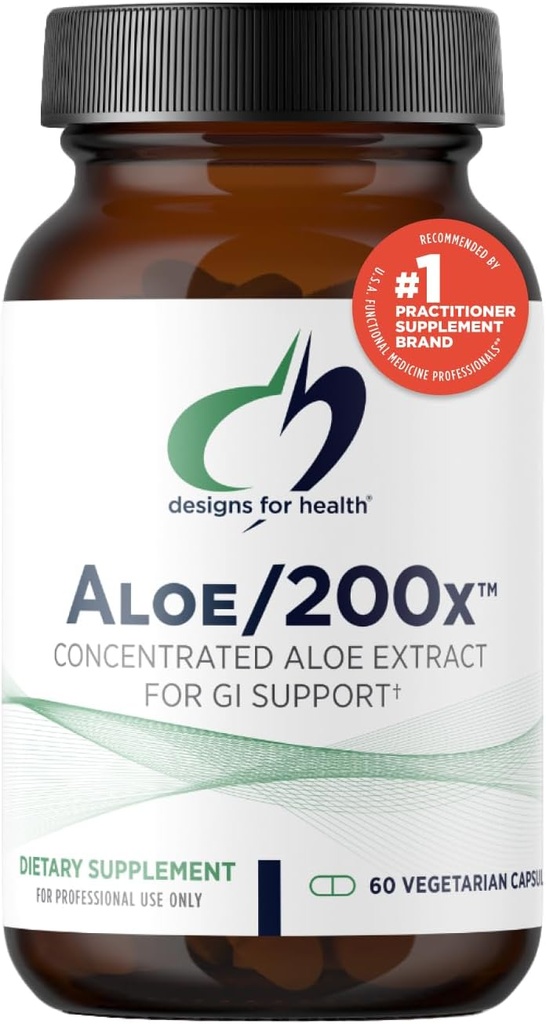 Designs for Health Aloe/200x - 200mg Aloe Vera Extract - Συμπυκνωμένο συμπλήρωμα φύλλων αλόης για υποστήριξη GI - Μη-ΓΤΟ, χορτοφαγικά χάπια (60 κάψουλες)