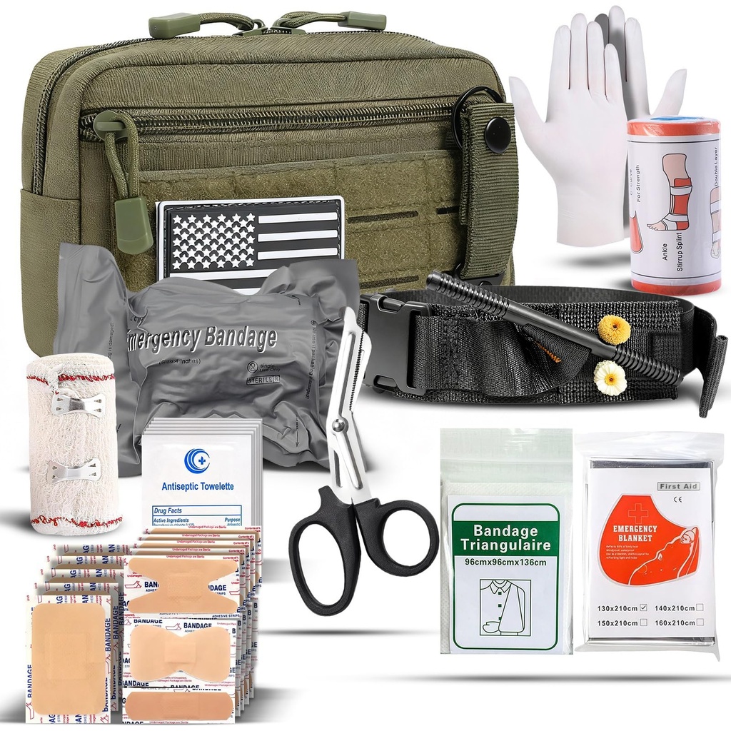IFAK Trauma Kit with Tourniquet, 4-Inch Israeli Bandage, Elastic Bandages, Set of 34 Pieces Tactical First Aid Kit for Car, Camping, Hiking and Travel