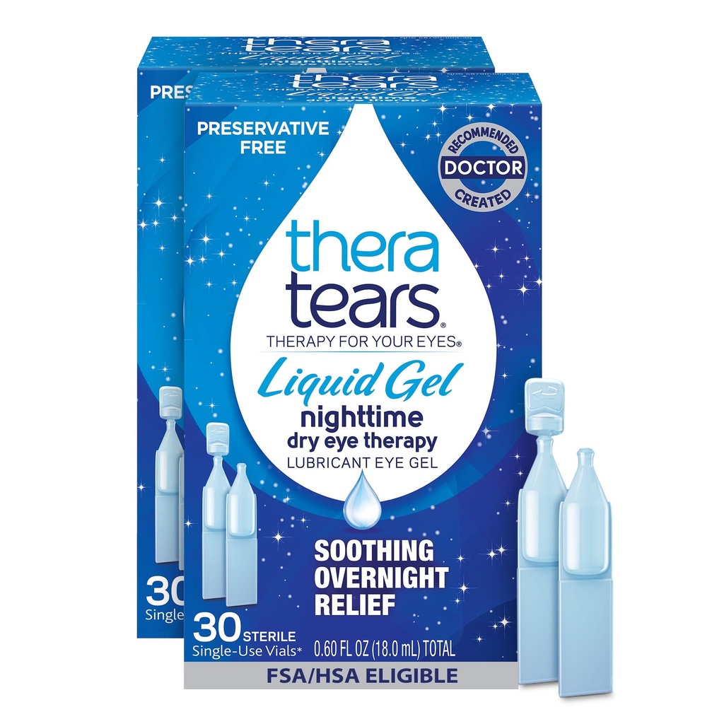 TheraTears Liquid Gel Nighttime, Preservative Free, Eye Drops, 30 Ct, 2 Pk | Preservative-Free, Lubricating Eye Gel for Dry Eyes, Single-Use Vials, Dry Eye Therapy, Soothing Overnight Relief