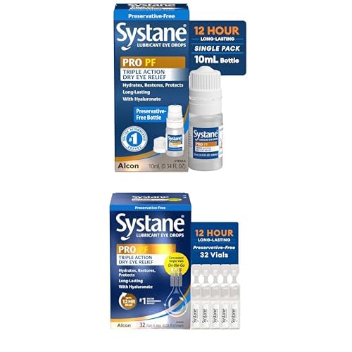 Systane PRO PF Lubricating Eye Drops for Dry Eyes, 10 mL, Preservative Free with Hyaluronate, Triple-Action Formula to Hydrate, Restore & Protect, Multi-Dose Bottle + 32 Vials