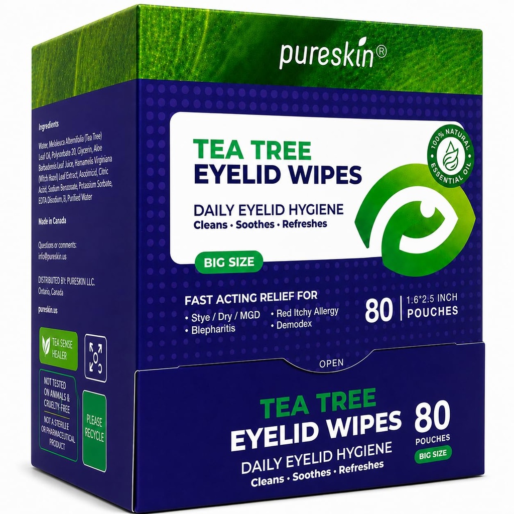 Pureskin Eyelid Wipes with Tea Tree Oil - 80 Eye Lid Cleaning Scrubs for Blepharitis, Demodex, MGD, Stye, Dry & Tired Eyes - Refreshing Cleansing Wipes with Aloe Vera, Hyaluronic Acid & Vitamin E