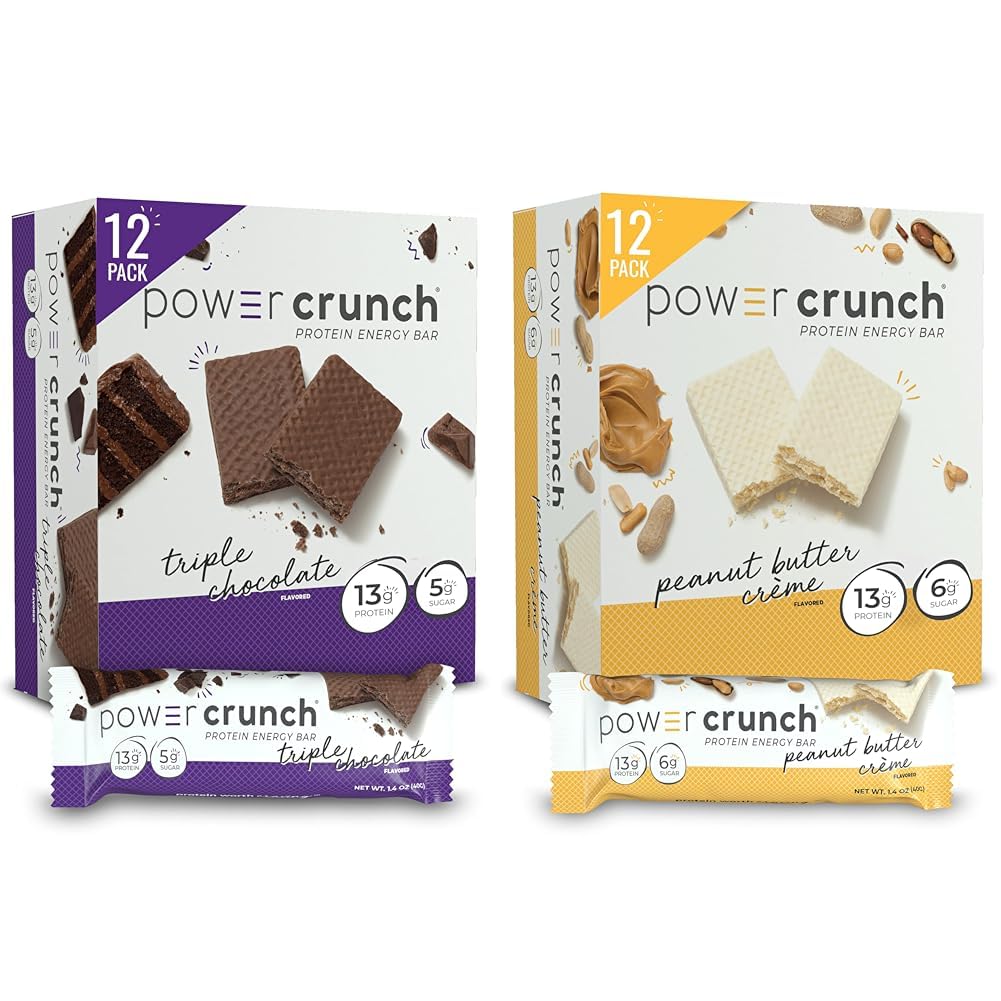 Power Crunch Protein Wafer Bars, High Protein Snacks, Triple Chocolate 1.4 Ounce (12 Count) and Peanut Butter Crème 1.4 Ounce (12 Count)
