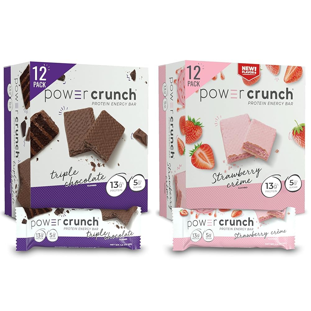 Power Crunch Protein Wafer Bars, High Protein Snacks, Triple Chocolate 1.4 Ounce (12 Count) and Strawberry Crème 1.4 Ounce (12 Count)