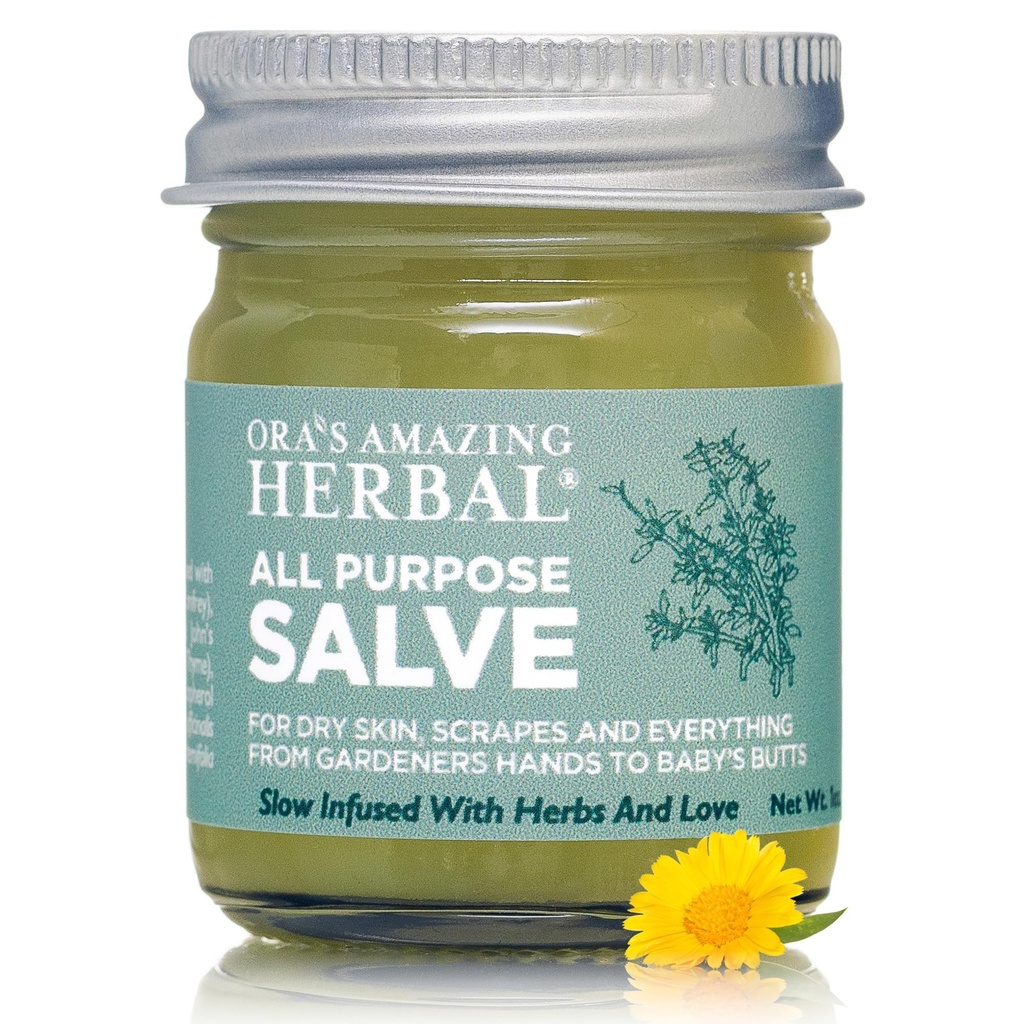 Ora's Amazing Herbal All Purpose Salve, Natural Healing Ointment, Tea Tree Oil Skin Balm, Comfrey Calendula Thyme Plantain, Hand Salve, Rash Cream, Dry Skin Repair, Itch Relief, 1 oz Glass Jar