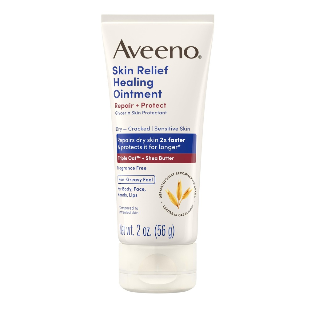 Aveeno Skin Relief Healing Ointment, Fragrance-Free, 2.0 oz | Repair & Protect Extra Dry Cracked Skin, Glycerin Protectant, Triple Oat & Shea Butter, Non-Greasy Feel, Travel Size