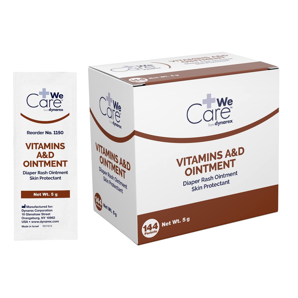 Dynarex Vitamins A & D Ointment, Ointment with Vitamin A and Vitamin D Skin Protectant, for Diaper Rash and Discomfort, White, 1 Box of 144 - 5g Packets