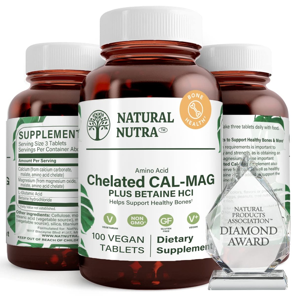 Natural Nutra Chelated Calcium Magnesium 1000/ 500 mg Συμπληρώματα Plus Betaine HCL - Chelated Cal Mag Βελτιώνει την Πυκνότητα των οστών, Υποστηρίζει τους μυς, τα δόντια, την καρδιαγγειακή & νευρική υγεία, 100 Vegan δισκία