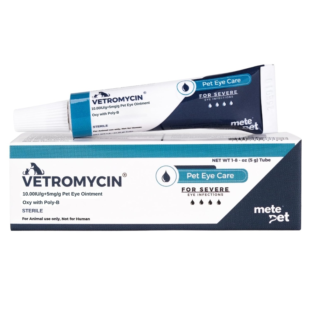 Vetromycin Pet Eye Ointment for Dogs and Cats 1/8 oz /5gr, 1 Tube - Gentle Daily Eye Care, Easy Topical Application