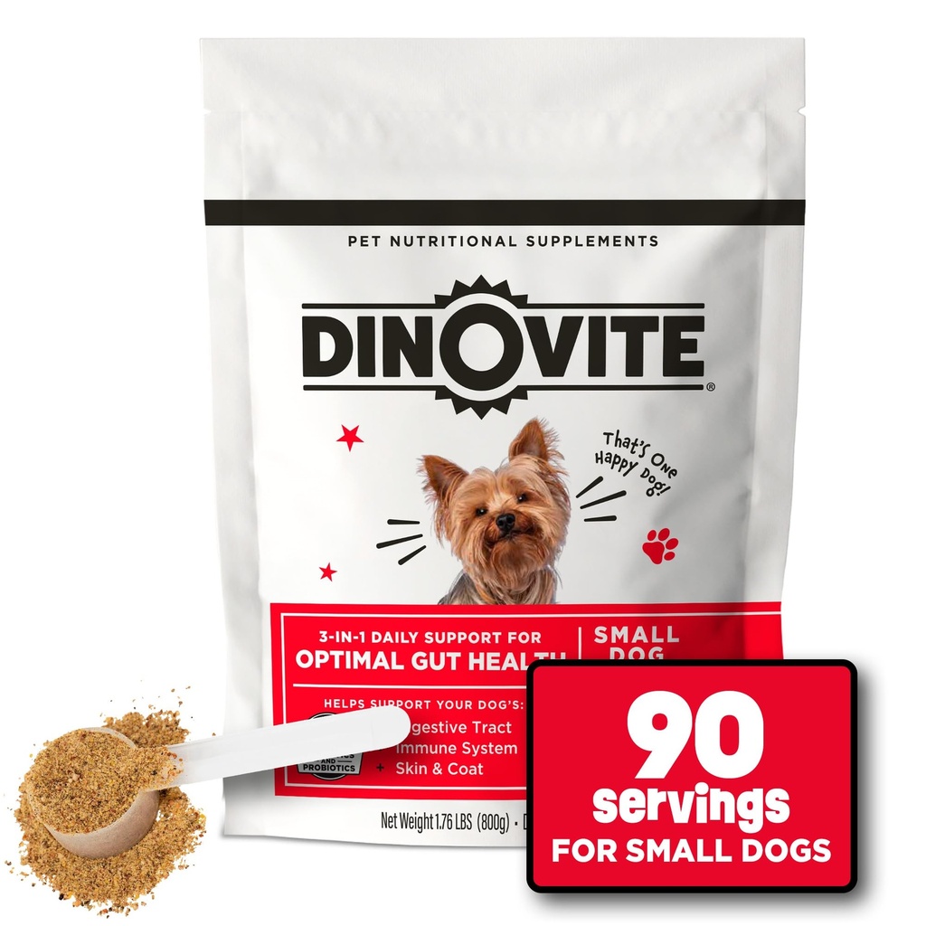 Dinovite Probiotics for Small Dogs, Probiotic Food Topper, 90 Servings | Probiotic Powder Food Topper, Omega-3 Fatty Acids, Digestive Health Support, Skin & Coat Health, For Small Dogs 1-18 lb