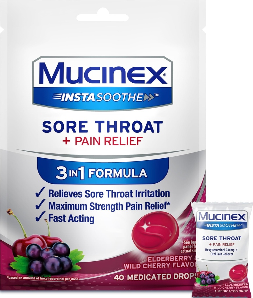Mucinex InstaSoothe Sore Throat + Pain Relief Elderberry & Wild Cherry Flavor, Fast Acting, Powerful Oral Pain Reliever, 40 Medicated Drops