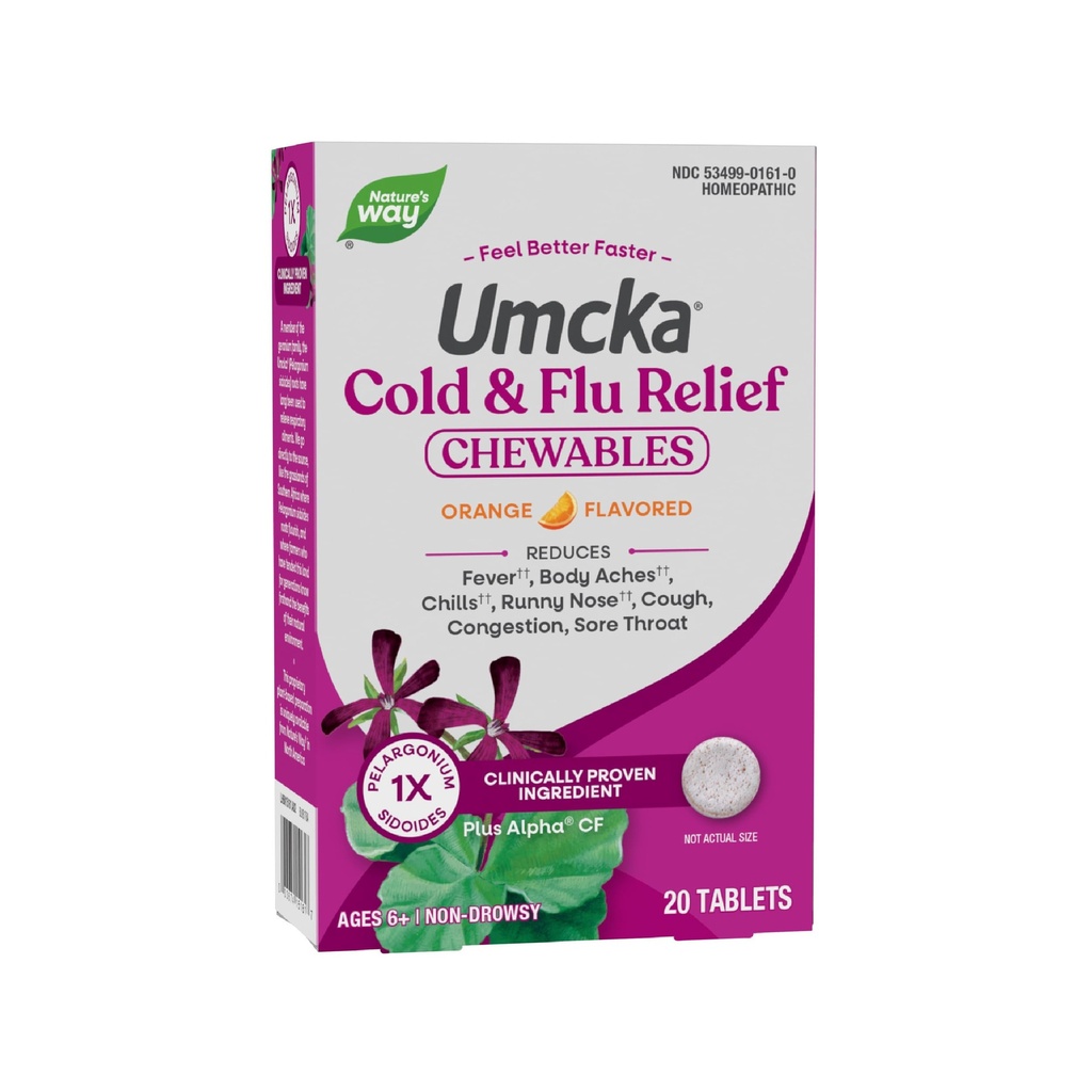 Nature's Way Umcka Cold and Flu Relief Chewables, Non-Drowsy, Orange, 20 ct | Homeopathic Cold Medicine & Remedy, Multi-Symptom Relief Shortens and Reduces Severity of Colds, Adults & Kids Ages 6+