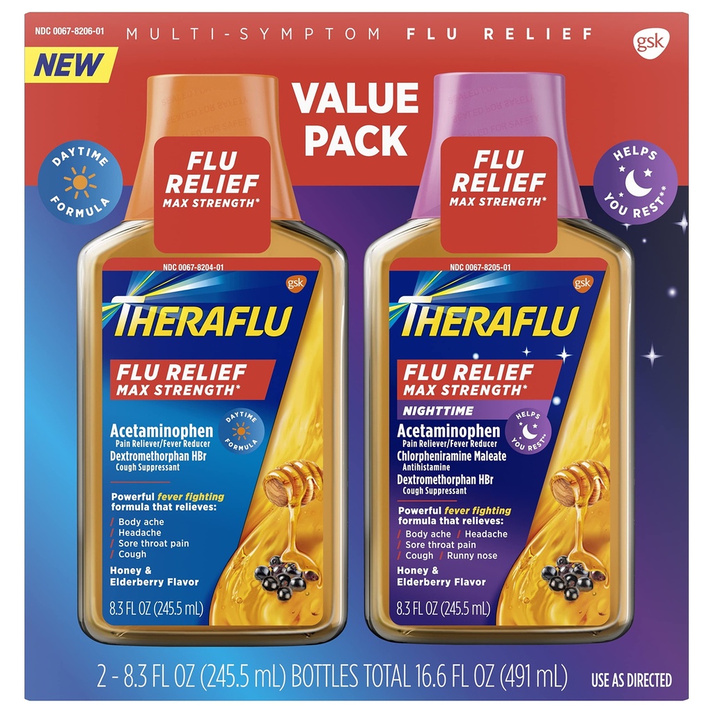 Theraflu Day and Night Pack, Honey and Elderberry, 2 x 8.3 fl oz | Cold, Cough, and Flu Relief Max Strength Value Pack, Dual Formulas for Day and Night, Convenient Syrup Format