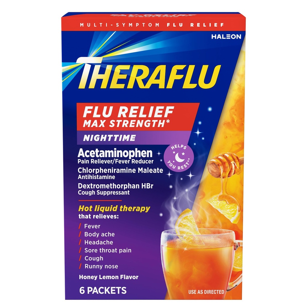 Theraflu Nighttime, Severe Cold Relief, Honey Lemon, 6 Packets | Cold, Cough, and Flu Max Strength Relief Powder for Use in Hot Liquids, Dual Formulas for Day and Night