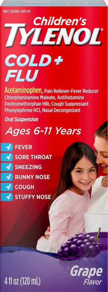 Children's Tylenol Cold & Flu, Acetaminophen, Grape, 4 fl. oz | Multi-Symptom Relief, Fever & Pain Reliever, Cough Suppressant, Antihistamine, Decongestant