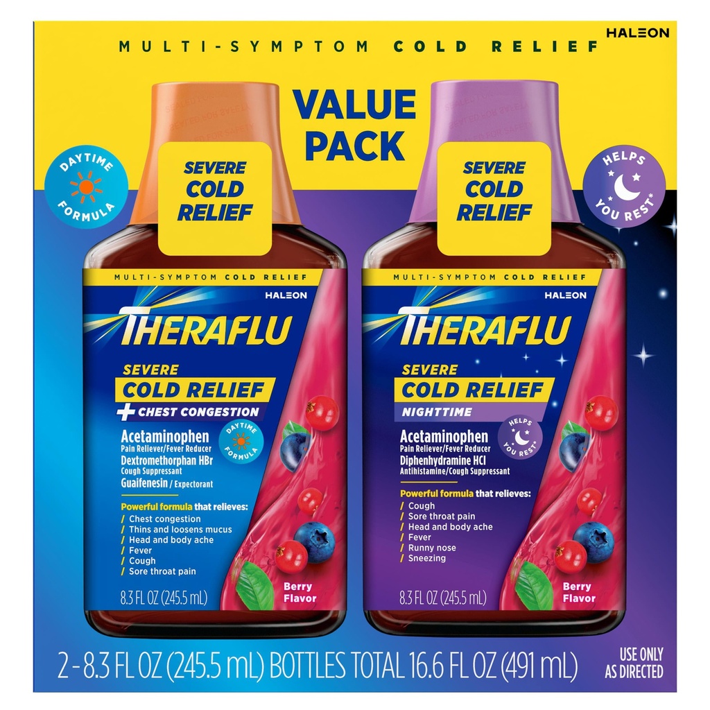 Theraflu Day and Night Pack, Severe Cold Relief, Berry, 2 x 8.3 fl oz | Cold, Cough, and Flu Relief Max Strength Value Pack, Dual Formulas for Day and Night, Convenient Syrup Format
