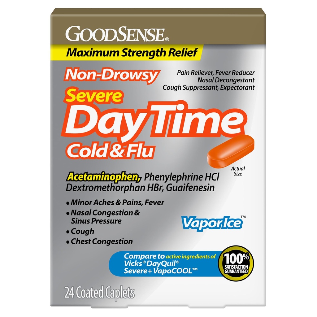 GoodSense Daytime Severe Cold and Flu Relief, Vapor Ice Max Strength Caplets, Non-Drowsy