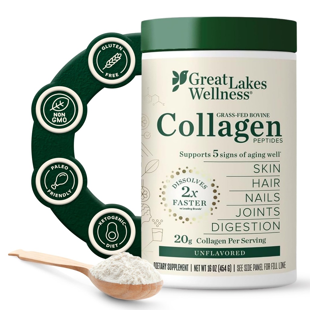 Μεγάλες Λίμνες Wellness Collagen Peptides Σκόνη για το δέρμα, τα μαλλιά, τα νύχια, τις αρθρώσεις & την πέψη - Unflavored - Γρήγορη διάλυση Hydrolyzed, μη GMO, Keto, Kosher - 16oz