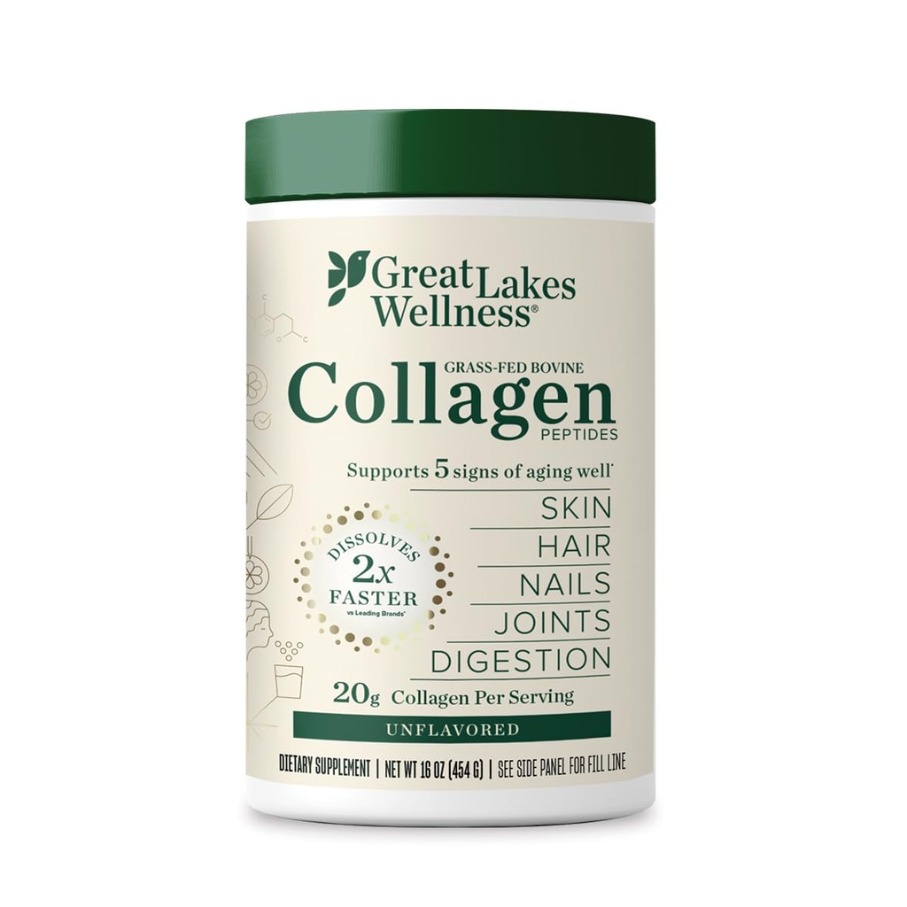 Μεγάλες Λίμνες Wellness Collagen Peptides Σκόνη για το δέρμα, τα μαλλιά, τα νύχια, τις αρθρώσεις & την πέψη - Unflavored - Γρήγορη διάλυση Hydrolyzed, μη GMO, Keto, Kosher - 16oz