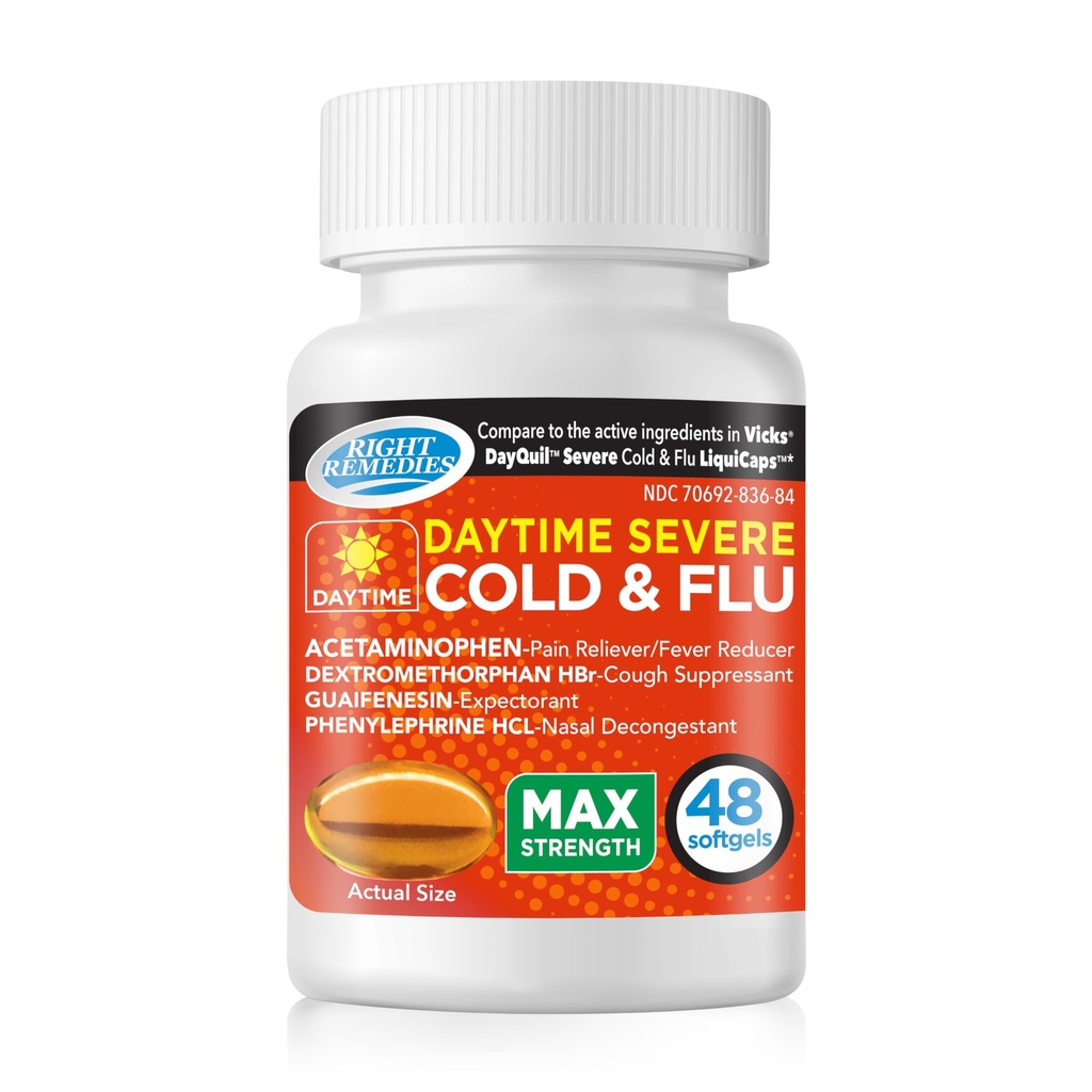 RIGHT REMEDIES Severe Maximum Strength Daytime Cold & Flu Relief Liquid Softgels, Multi-Sympton Formula, 48-Count Value Size, Helps Relieve Fever, Cough, Nasal Congestoin, Aches & Pains