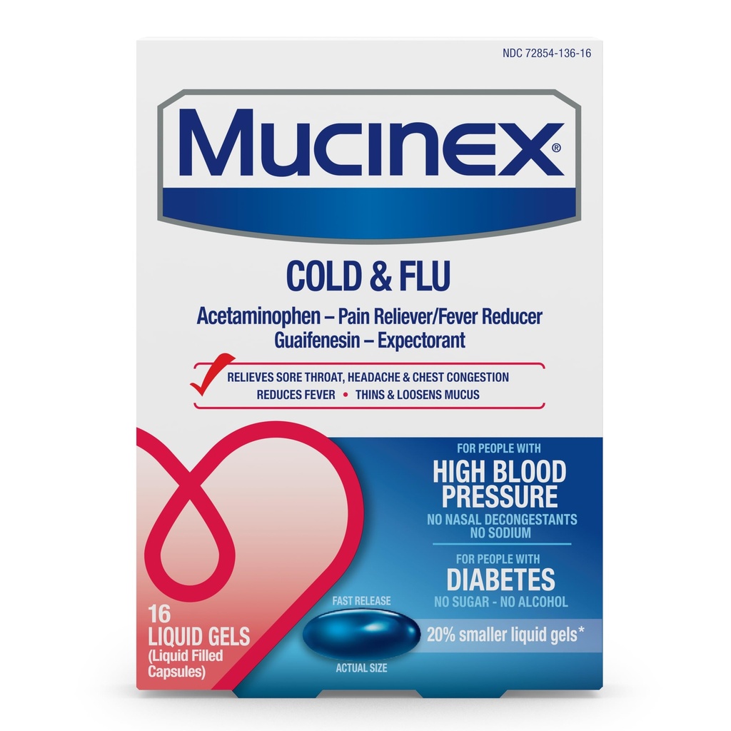 Mucinex Cold & Flu High Blood Pressure Liquid Gels, 16 ct.