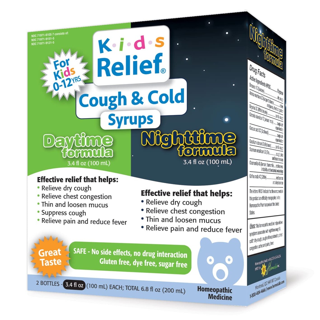 Kids Relief Cough & Cold Syrup Bundle, Daytime & Nighttime, 0-12 Yrs | Caramel Flavor, Gluten and Dye Free, No Added Sugar, 2 x 3.4 oz