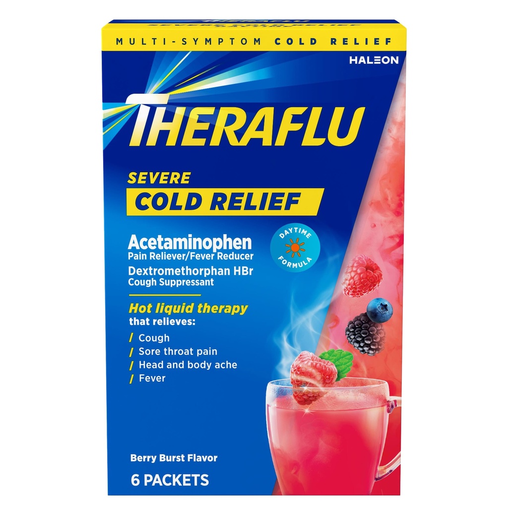 Theraflu Daytime Severe Cold Relief Powder, Berry Burst Flavor, 6 Count | Cold, Cough, and Flu Relief Powder for Use in Hot Liquids, Dual Formulas for Day and Night