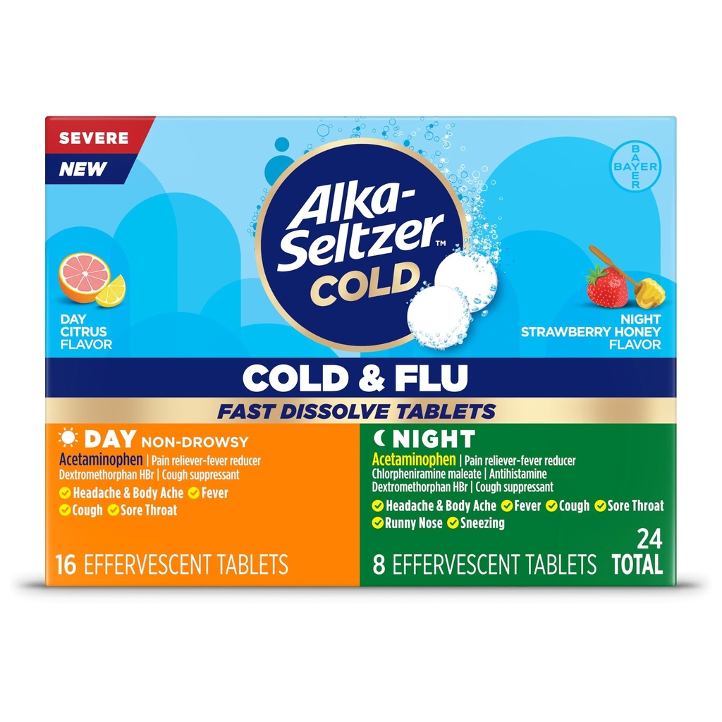 Alka-Seltzer Cold, Cold & Flu Severe Day/Night Fast Dissolve Tablets, Cold & Flu Medicine, Multi-Symptom Relief, Body Aches and Pains, Fever Reducer, Citrus/Strawberry Honey Flavor, 24 Count