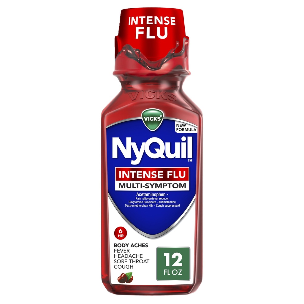 Vicks NyQuil Intense Flu Liquid, Over-the-Counter, Multi-Symptom, Nighttime Relief for Body Aches, Fever, Headache, Sore Throat, Sneezing, Runny Nose, and Cough, 6 Hour Relief, Cherry Flavor, 12 FL OZ