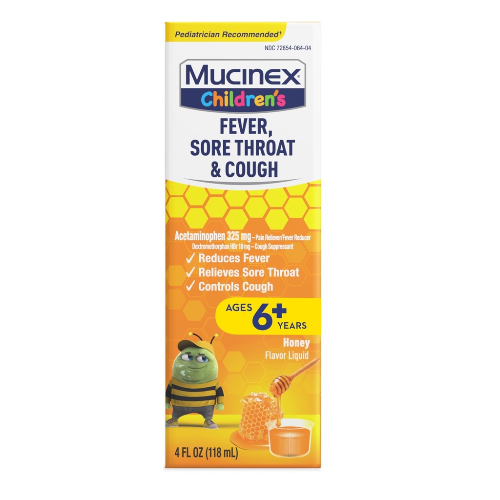 Mucinex Children's Fever, Sore Throat & Cough, Honey Flavor Liquid, 4 FL OZ