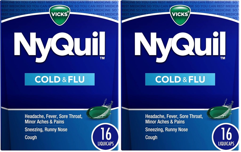 Vicks Nyquil Cold and Flu Nighttime Relief Liquid Capsules, 16 Count (Pack of 2)