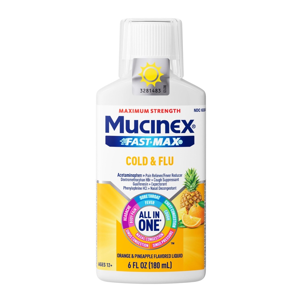 Mucinex Fast-Max Cold & Flu All in One, Orange & Pineapple Flavor, 6 FL OZ