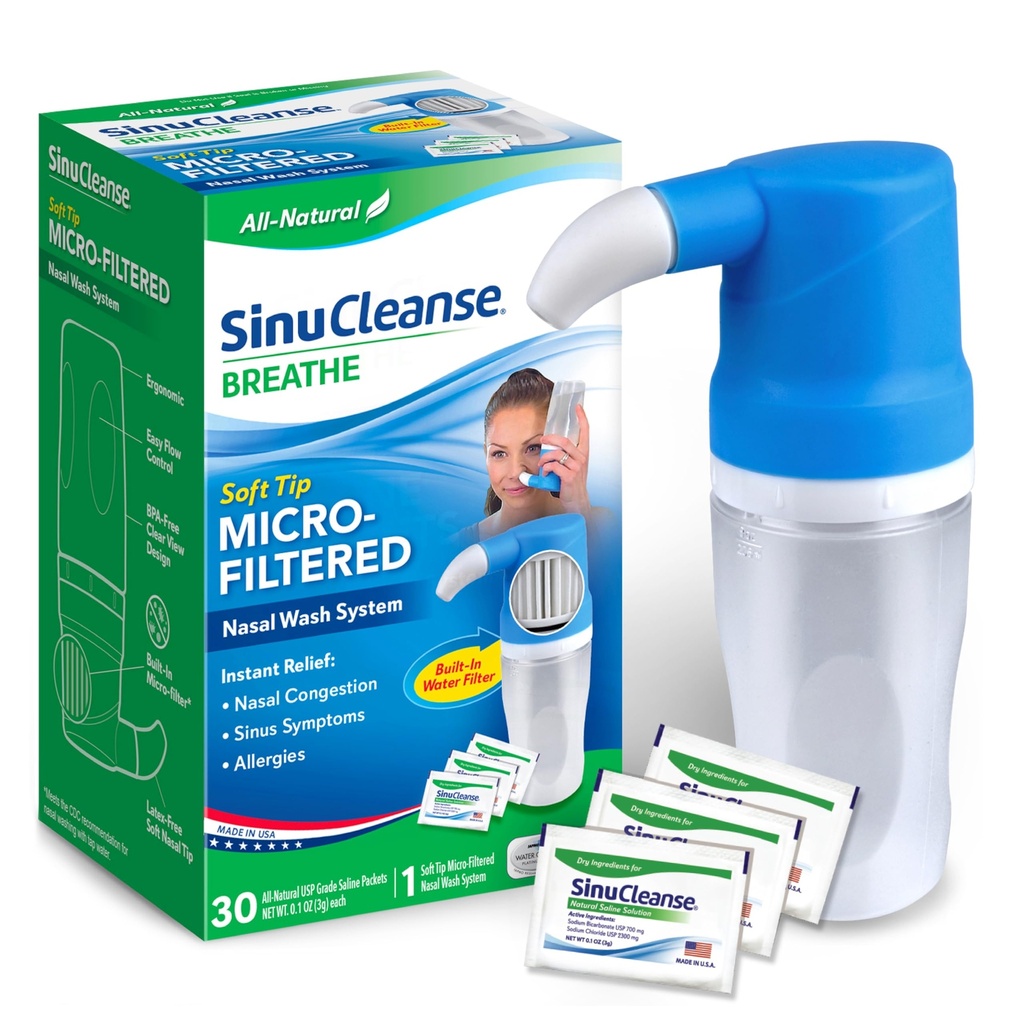 SinuCleanse Soft Tip Micro-Filtered Sinus Rinse Kit with 30 Saline Packets | All-Natural Filtered Nasal Wash System Relieves Nasal Congestion Due to Cold & Flu, Dry Air, Allergies, Made in USA