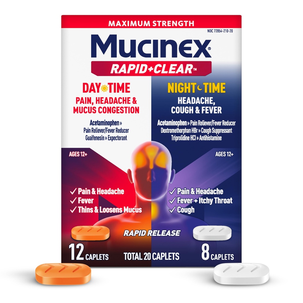 Mucinex Rapid+Clear Headache & Mucus Congestion Day/Night, 20 Caplets