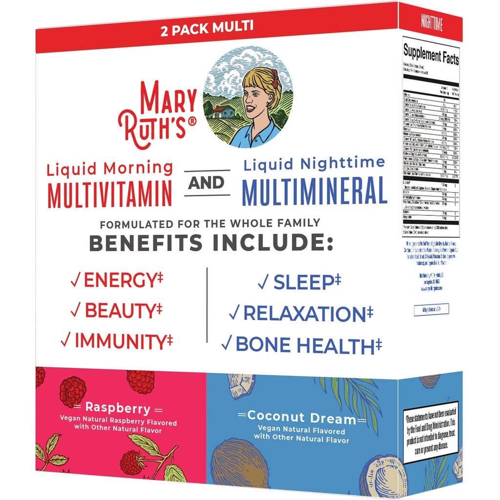 MaryRuth Organics Liquid Morning Multivitamin & Liquid Nighttime Multimineral Bundle, Vegan Vitamin C, Vitamin D, B Complex, Magnesium, Energy, Beauty, Sleep Support, NO Melatonin, 32 Fl Oz Each