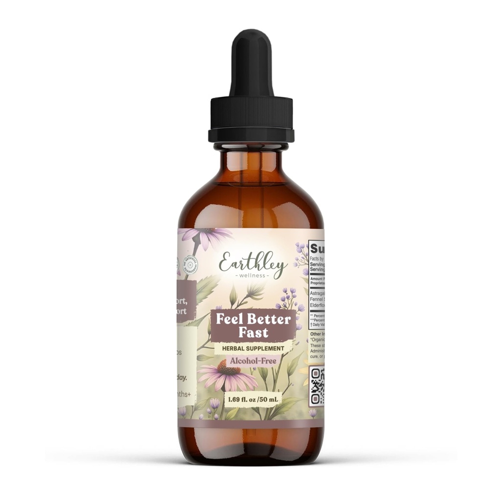 Earthley Wellness Feel Better Fast, All-Natural Relief for Minor Ailments, Echinacea, 3 Month Supply (1.69oz Glass, 1,000 Drops), Organic, Ceylon Cinnamon, Supports Immune & Digestive Health