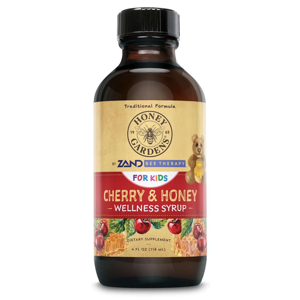 Honey Gardens Kids Cherry & Honey Soothing Throat Syrup, Herbal Infused Raw Honey Syrup, Apitherapy Formula Includes Extracts of Umckaloabo, Black Cherry, Marshmallow, 24 Servings, 4 FL. OZ.