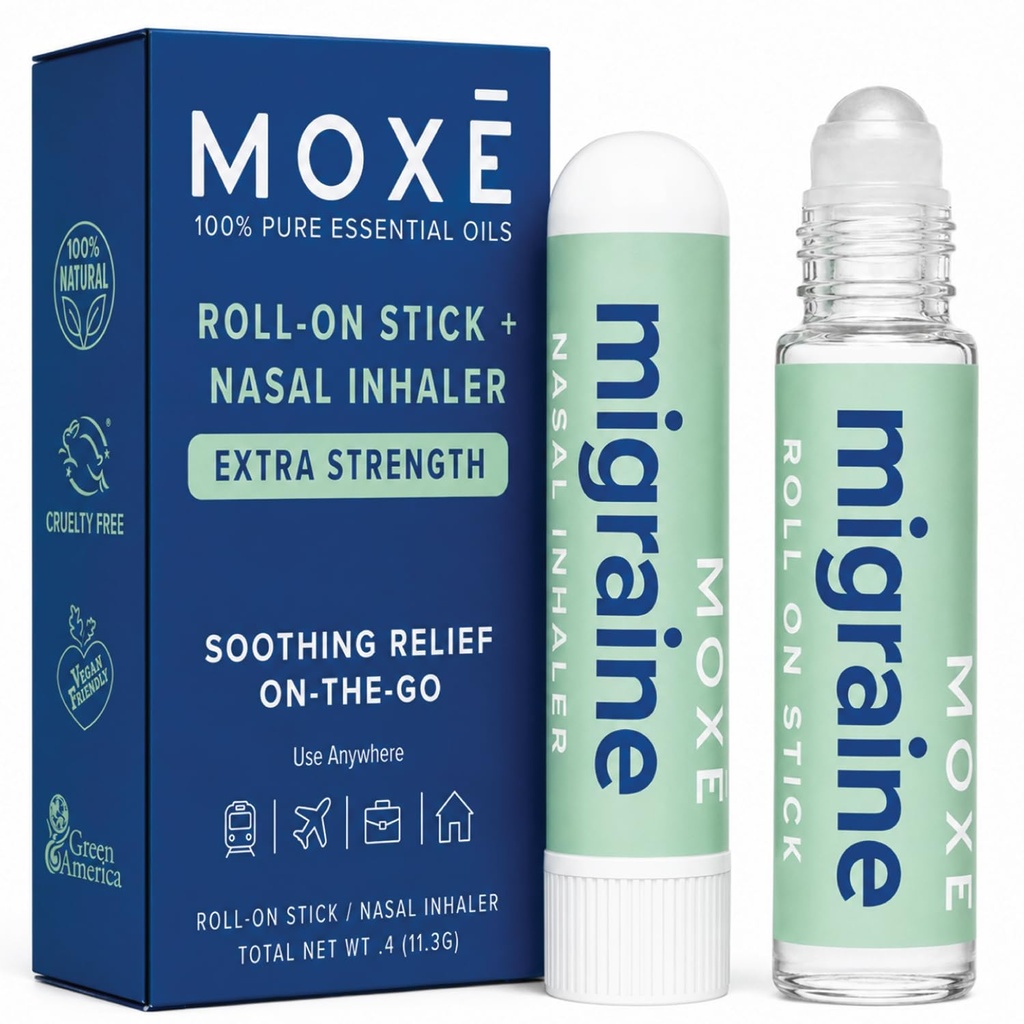 MOXE Migraine Rollon Stick & Nasal Inhaler Stick, Headache & Tension Relief | Peppermint, Spearmint, Eucalyptus, Camphor, Tea Tree and Wintergreen Essential Oil Blend, Easy-to-Use Relief