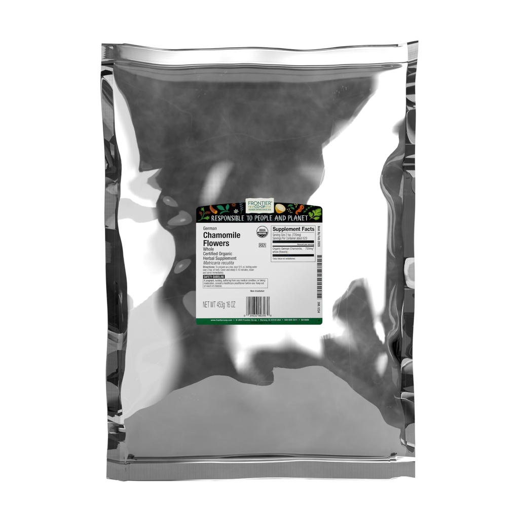 Frontier Co-op Organic German Whole Chamomile Flowers, 1-pound Bulk Bag, Makes Relaxing/Calming Tea, Kosher, Non Irradiated | Makes Relaxing/Calming Tea, Kosher, Non Irradiated
