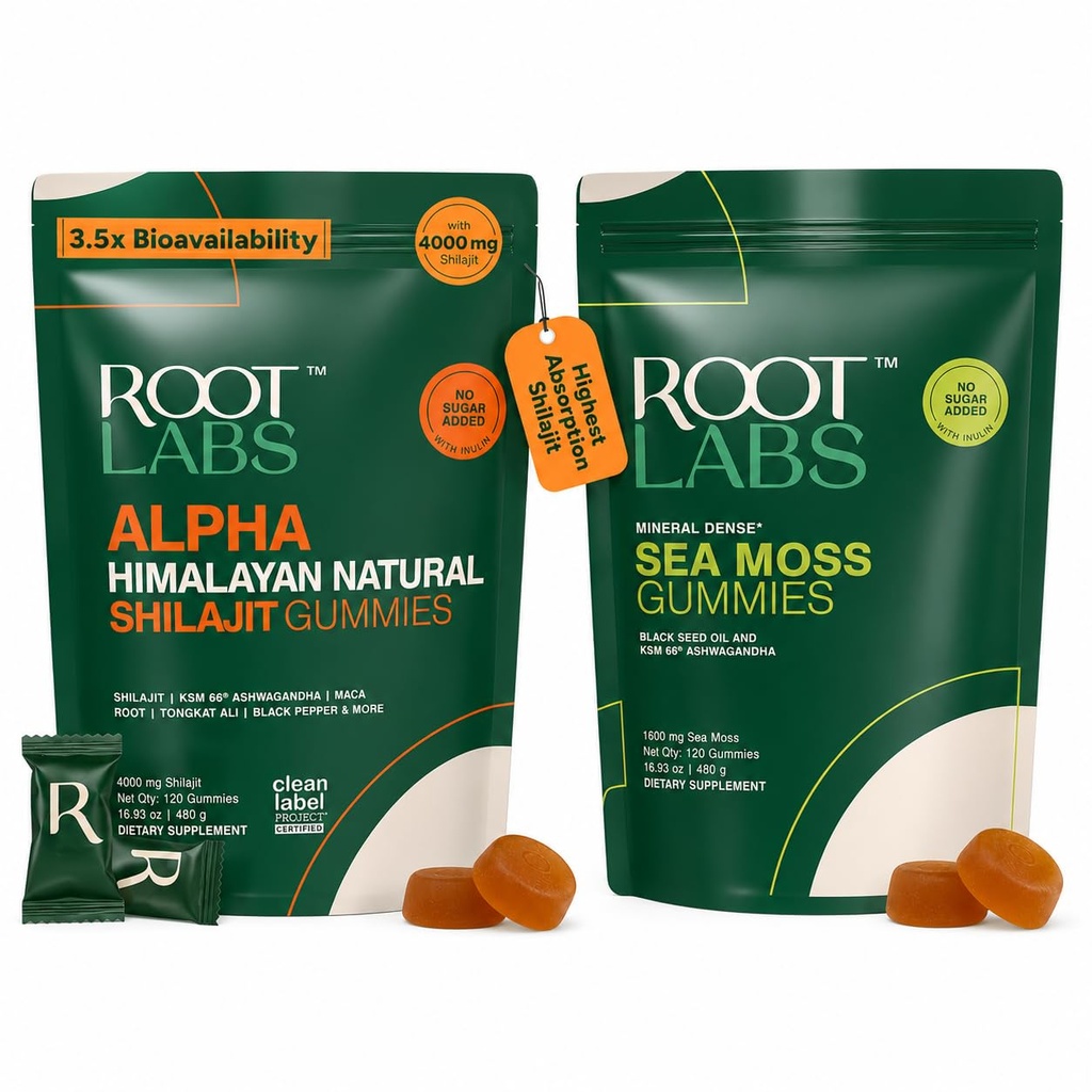 ROOT LABS Alpha Shilajit Gummies with Tongkat Ali & Maca + Sea Moss Gummies with Black Seed Oil, KSM-66 Ashwagandha & 92+ Minerals | for Men & Women | 240 Gummies