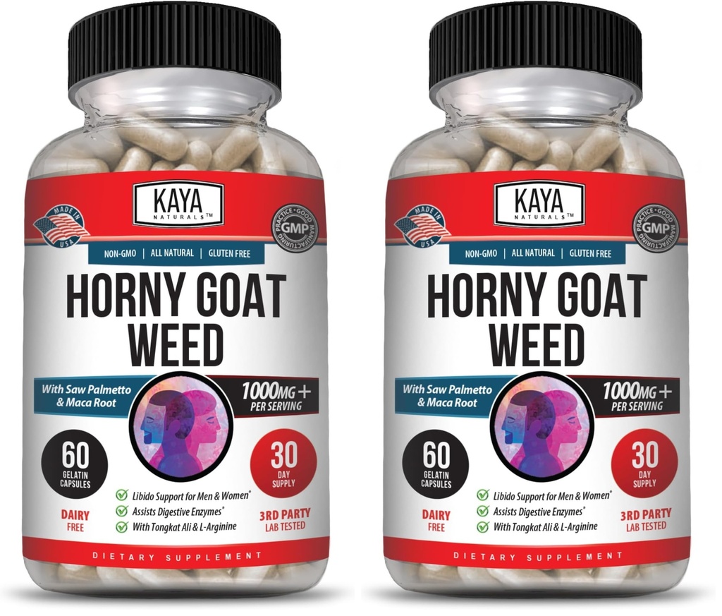 Kaya Naturals Horny Goat Weed Extract with Maca - Complex with Saw Palmetto Ginseng, Arginine Vitamin Supplement - Horny Goat Weed - 60 Count (Pack of 2)