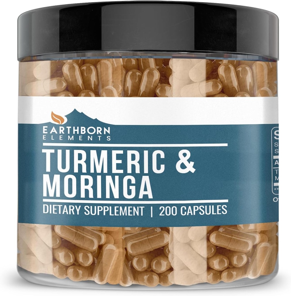 Earthborn στοιχεία Turmeric & Moringa 200 κάψουλες, καθαρό & μη αραιωμένο, χωρίς πρόσθετα