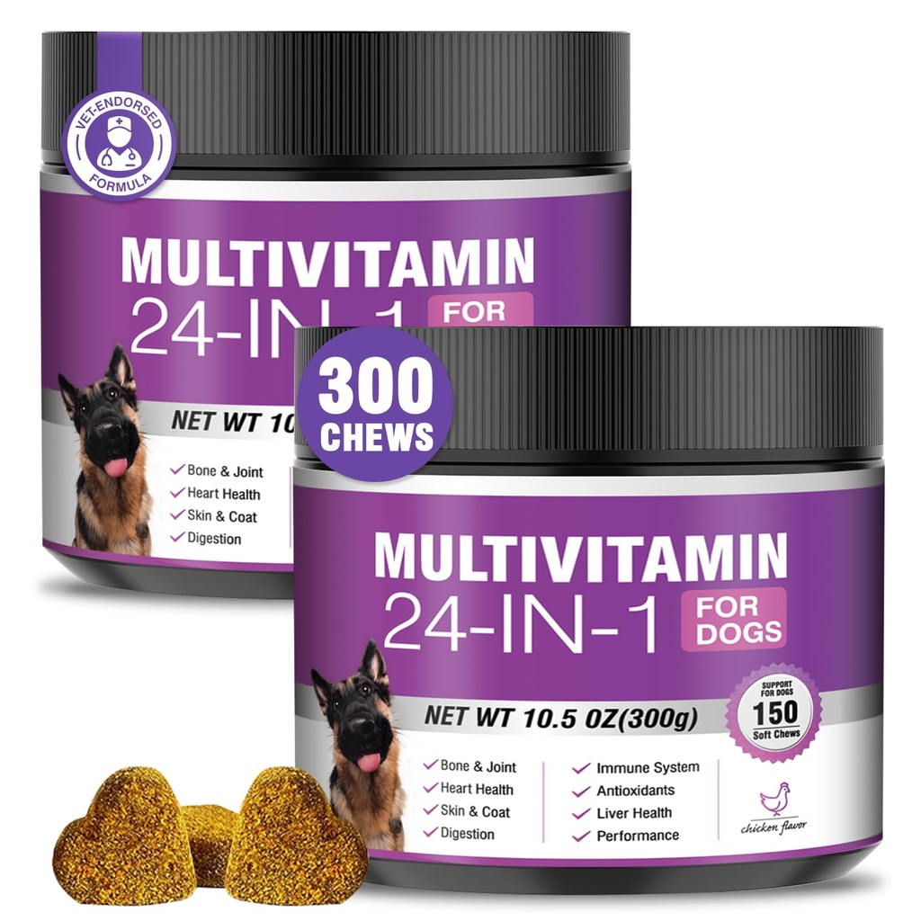 24-in-1 Dog Vitamins and Supplements 300 Ct Dogs Multivitamin Chewable Contain Chondroitin Probiotics Omega-3 Glucosamine for Dogs Skin Coat Heart Joint Gut Liver Brain Eyes Immune Support - Chicken